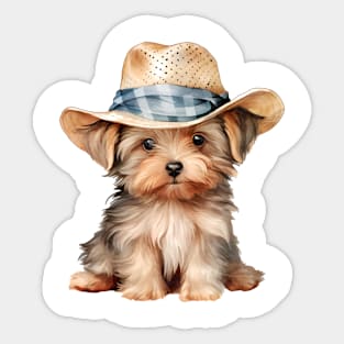 Watercolor Yorkshire Terrier Dog in Straw Hat Sticker